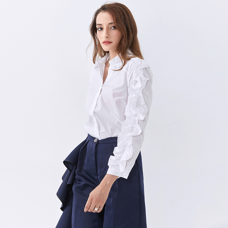 Patchwork Ruffle Shirt For Women Lapel Long Sleeve Casual White Blouse Female Fall Fashion Stylish 210524
