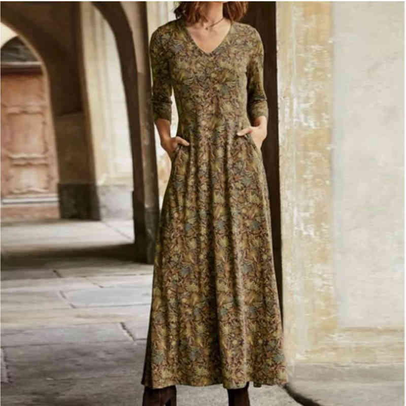 Fall Dresses for Women Long Sleeve Floral Print V-neck Fashion Bohemian Slim Maxi Dress Elegant Clothing New Arrival Spring 210409
