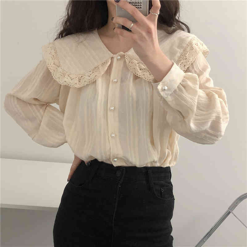 Comelsexy Retro Vintage Lace Blouses Solid Chic Office Lady French Elengant Sweet Female Shirts Tops 210515