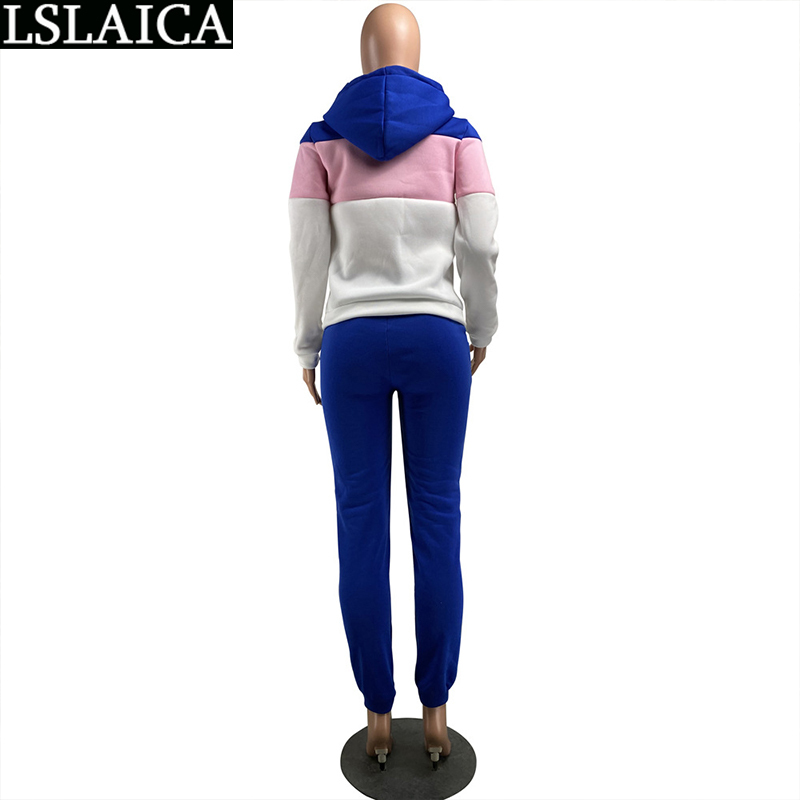 Two-piece Fashion Casual Sports Stitching Thickened Sweater Suit Elastic Waist Hooded Sweatshirt&woman Pants 210520