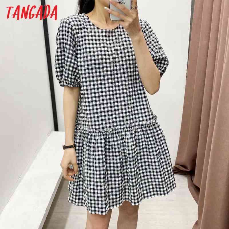 Summer Women Plaid Pattern O Neck Short Sleeve Ladies Mini Dress Vestidos 2R32 210416