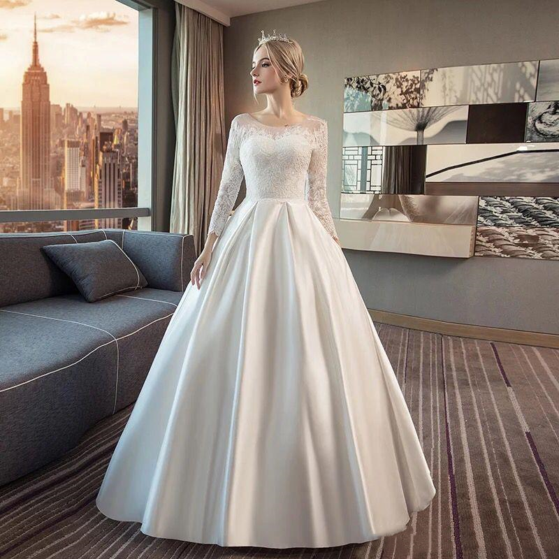 Elegant Ivory A e Wedding Dress With 3/4 Long Sleeve Back Lace Up Plus Size or Length Satin Bridal Gowns Scoop Neck Pastrol Style Bride Dresses