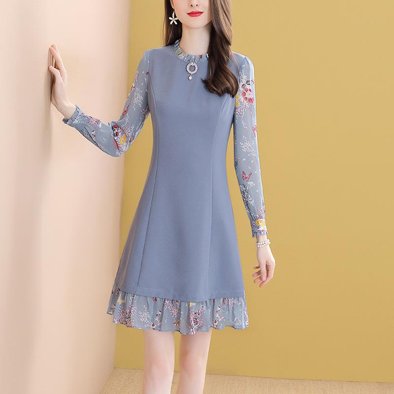 Casual Dresses Fashion Blue Print Dress Women 2021 Listing O-neck Long Sleeve Slim Temperament OL Office Lady Vestido