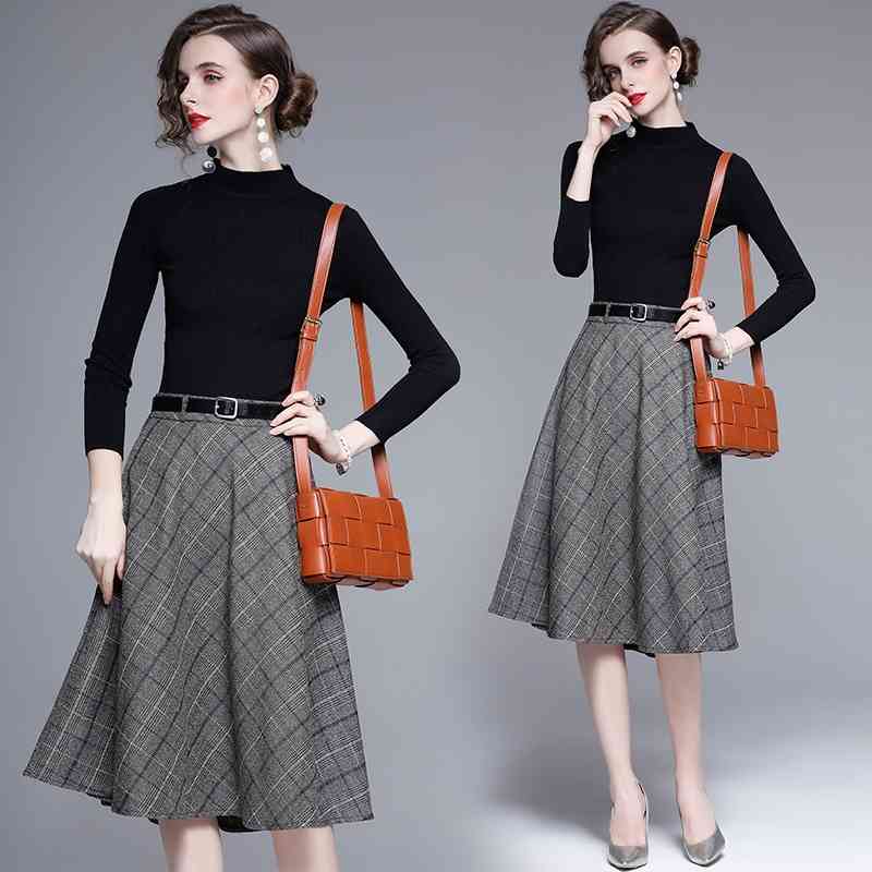 Elegant Women Sweater Top and Plaid Skirt 2 Piece Set fashion Autumn Winter O-Neck Knitted Top+ Lady 210506