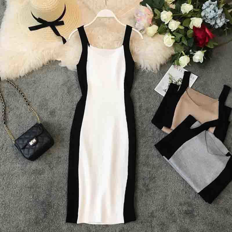 Women Bodycon Dress Korean Fashion Summer Sleeveless Sexy Spaghetti Strap Dresses Ladies Vintage Knitted Dress Robe Femme 210521
