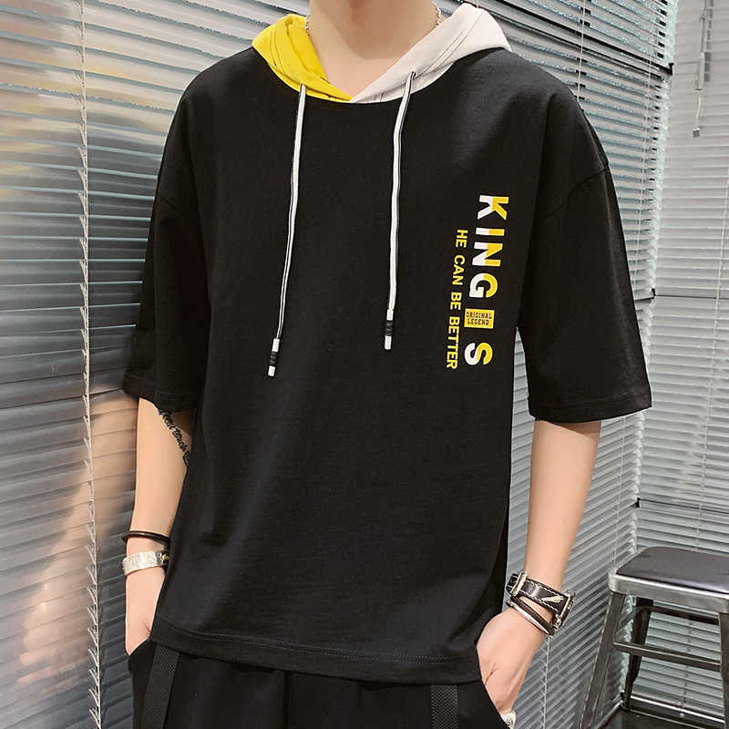 Summer Men Tshirt Casual Tops Tee Shirts Patchwork Loose Hooded Male Streewear Hoodie Half Sleeve T-shirt Pullover Clothing 210603