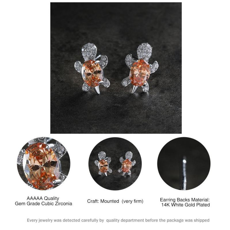 Cute Design White Gold Plated Colorful Gemstone Stud Earring Copper Turtle Earrings for Women Gift