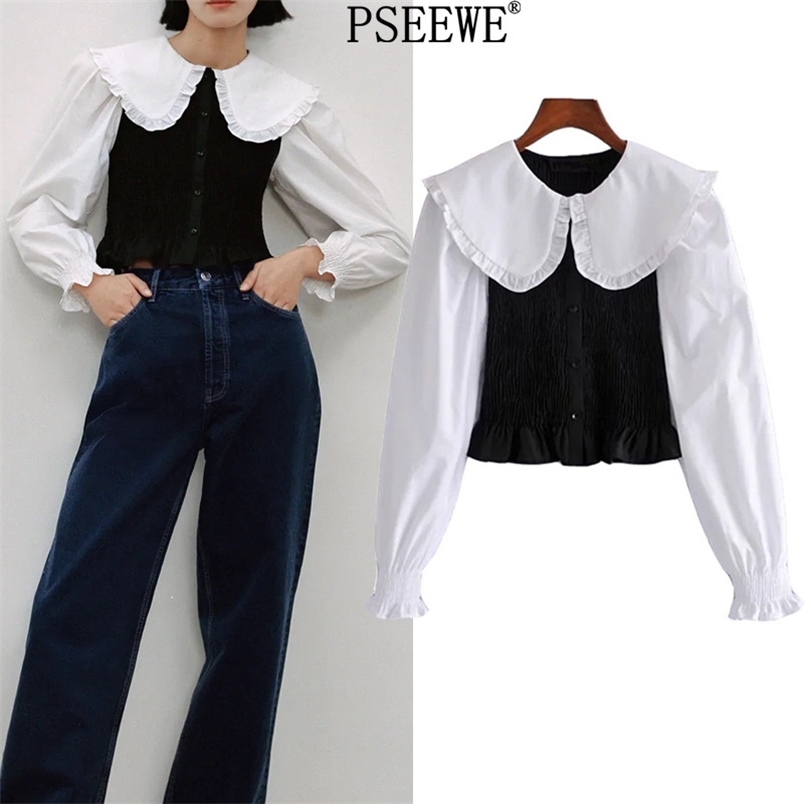 Patchwork Black White Women Shirts Ruffle Cute Long Sleeve Crop Top Female Peter Pan Collar Chic Woman Blouse 210519
Patchwork Black White Women Shirts Ruffle Cute Long Sleeve Crop Top Female Peter Pan Collar Chic Woman Blouse 210519