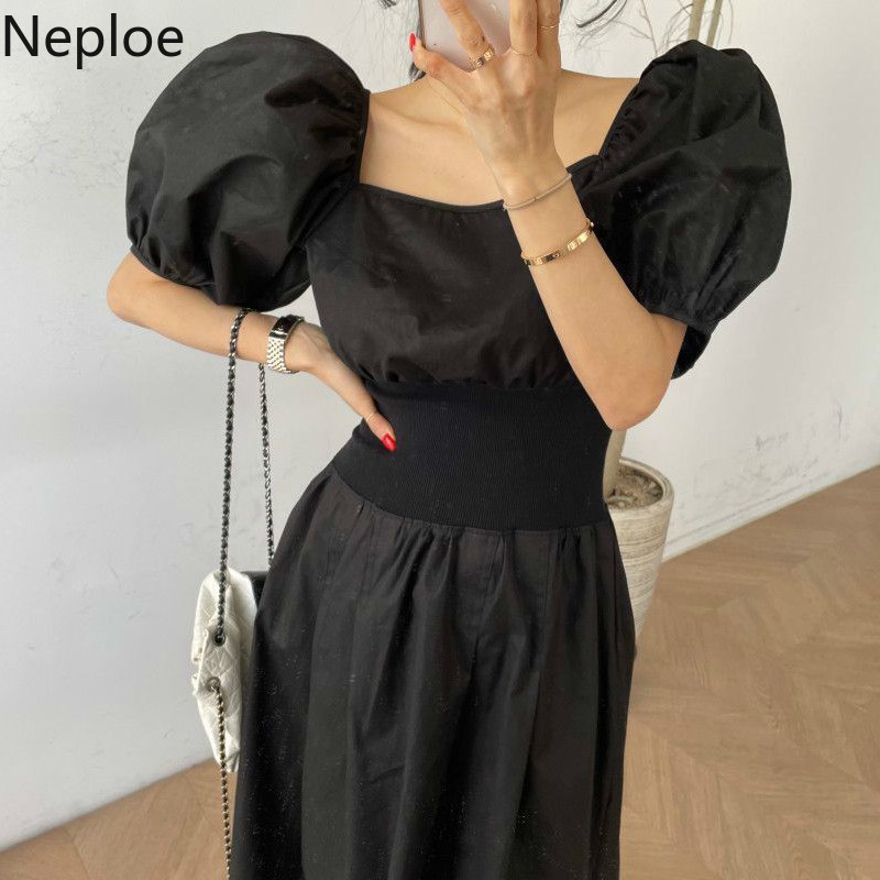 Neploe Maxi Dress Women Square Collar Puff Short Sleeve Dresses Korean Chic Summer Slim Waist Temperament Pink Vestidos Mujer 210422