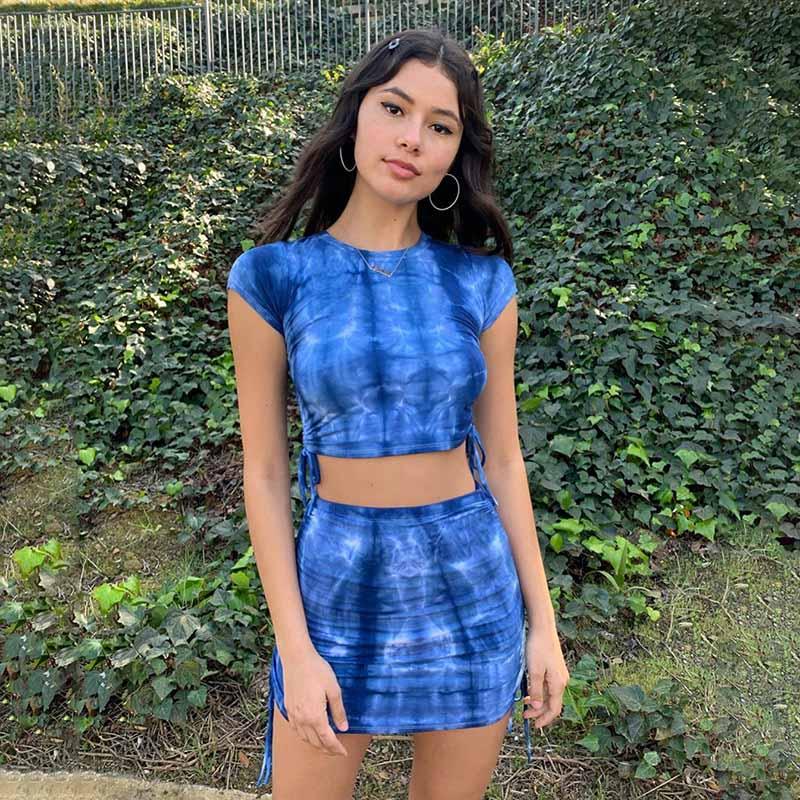 Anbenser Tie Dye Print Women Two Pieces Set Cute Tracksuits Summer Fashion Bandage Sexy Lace Up Ruched Crop Top And Skirts Sets Piece Dress