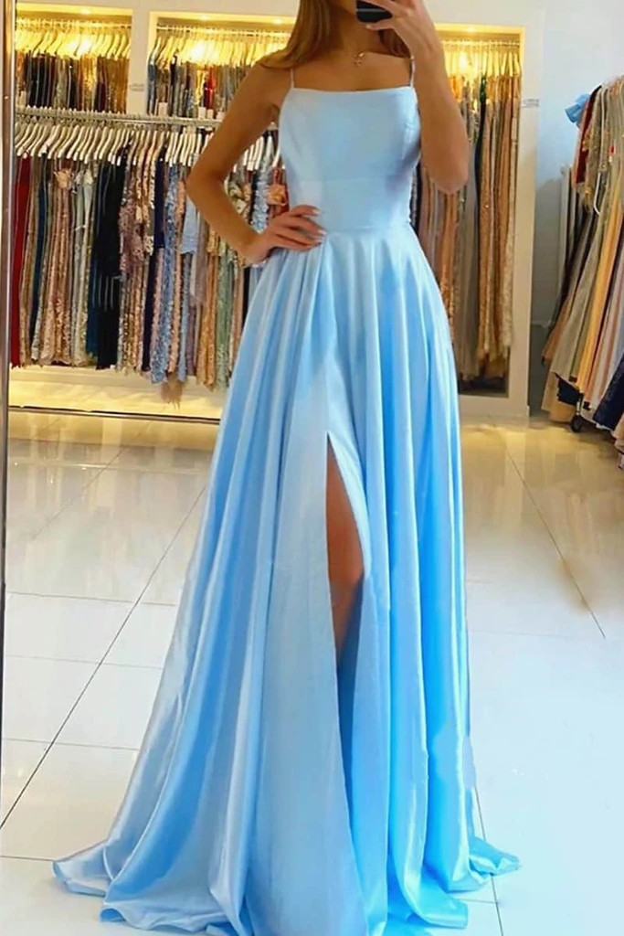 Womens Straps Prom Dress Long High Split Satin Evening Gowns Prom Spaghetti Formal Party Bridesmaid Dresses
