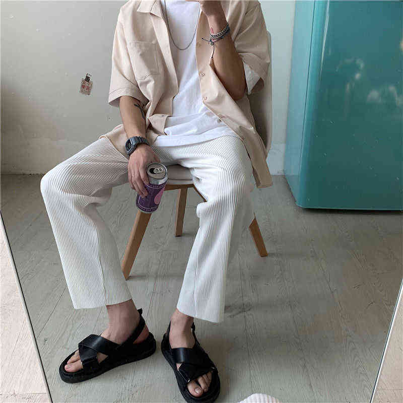 Pleated Straight Pants Men's Fashion Solid Color Elastic Waist Casual Pants Men Streetwear Loose Japanese Trousers Mens 211112