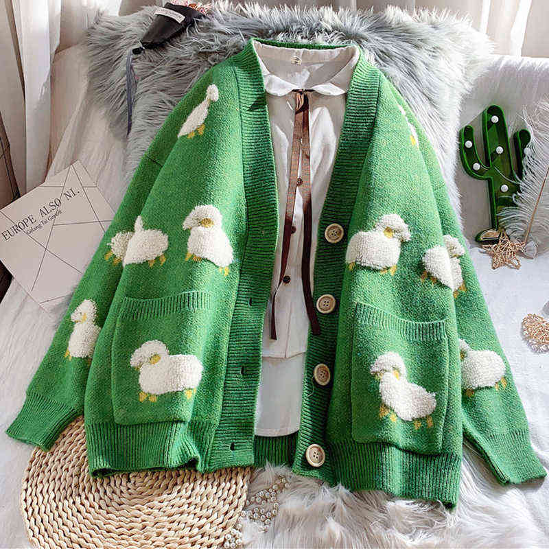 Autumn Winter Knit Female Cardigan Cute Cartoon Print V Neck knitted Cardigan Female Jacket Loose Knit Women Sweater Coat 211109