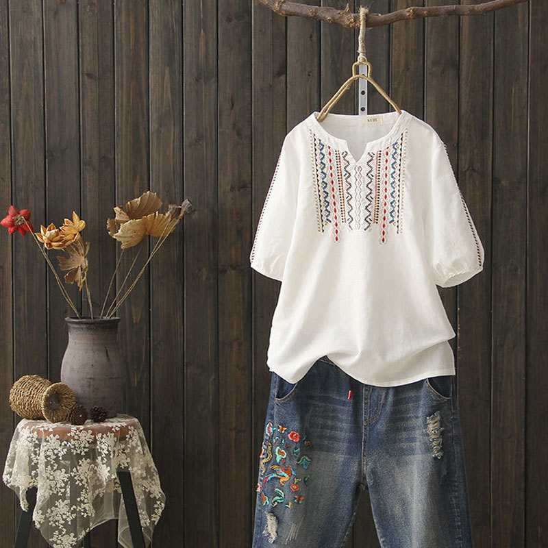 Summer Women Tshirt Plus Size Short Sleeve Loose Tshirts cotton linen Embroidery Vintage V-neck Tops Tee Shirt Femme Clothes D90 210512