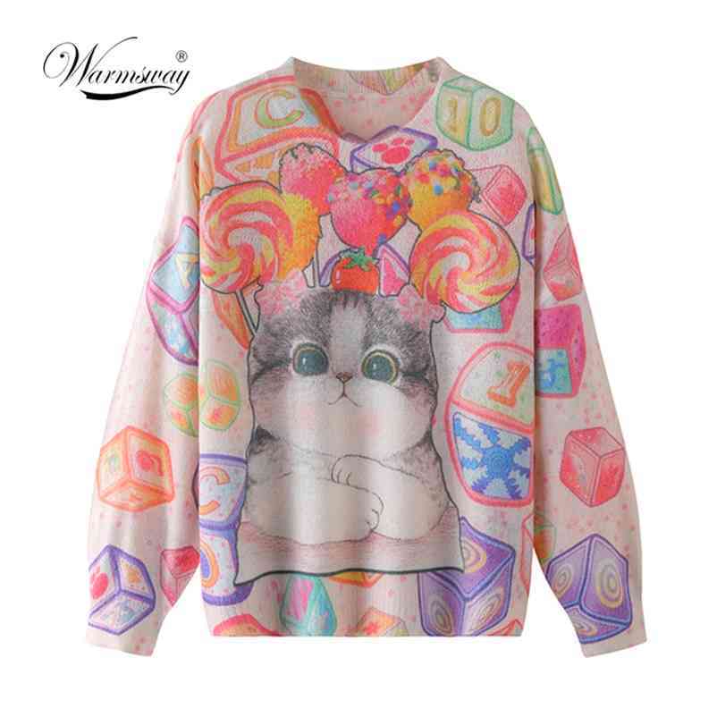 Cartoon Cat Oversized Sweater Plus Size Women Thin Knitting Pullover Spring Autumn Fashion Knitwear B-007 210522