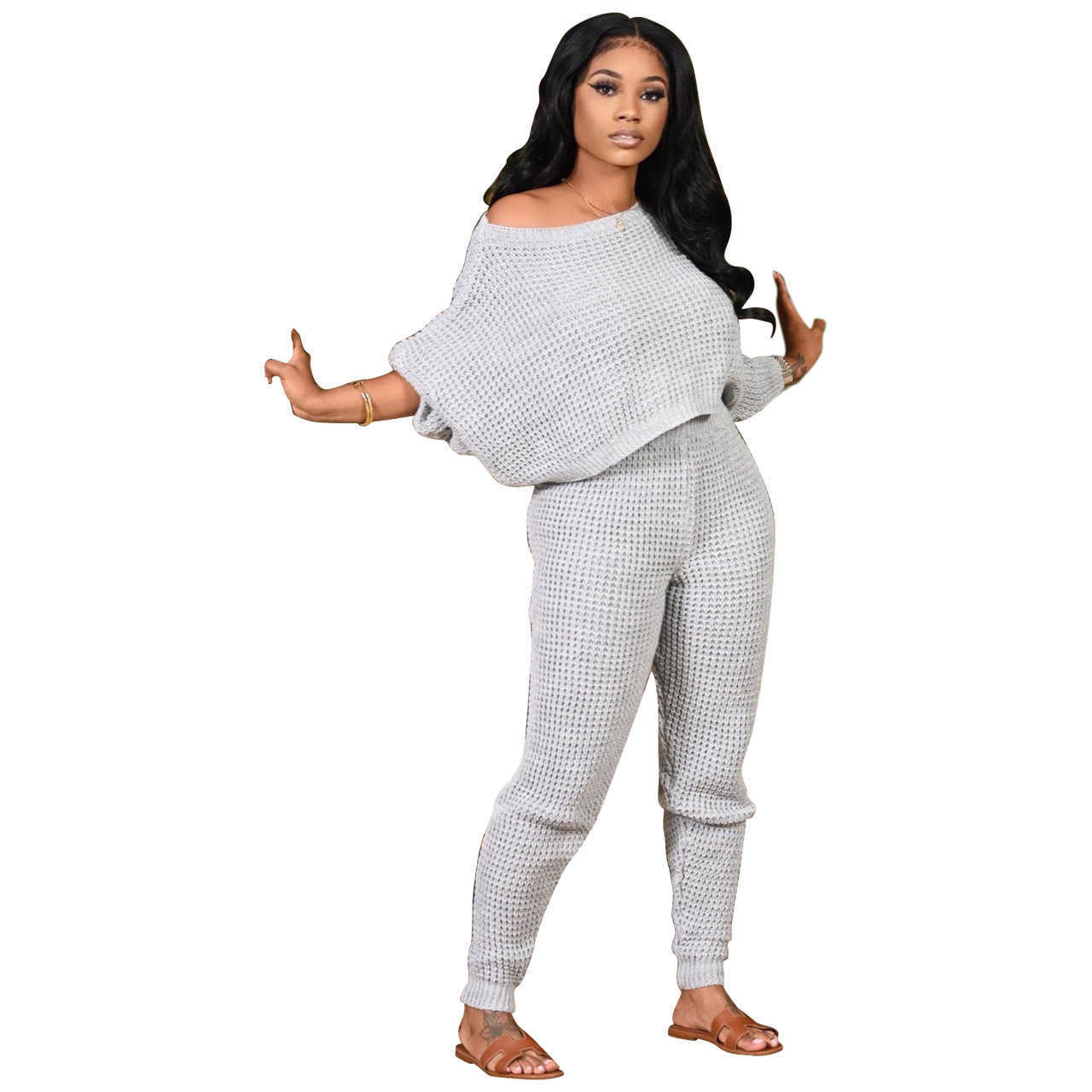 Winter Sale Sweater Knitted Set Femme Casual Solid Color O-neck Batwing Sleeve Pullover+Beam Feet Pants Conjunto Punto Mujer 210604