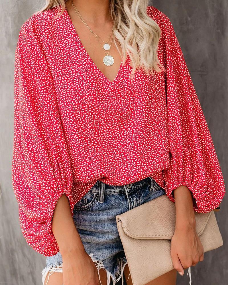 Spring Autumn Women Surplice Neck Lantern Sleeve Blouse Femme Elegant Casual All Over Print Long Sleeve Top Office Lady Outfits 210415