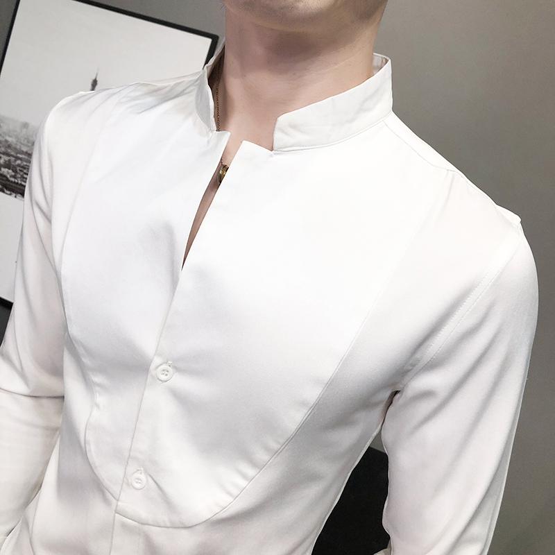 Vintage Stand Collar White Classic Shirts Mens Wedding Dress Retro British Style Fitted Party Mandarin Men's Casual