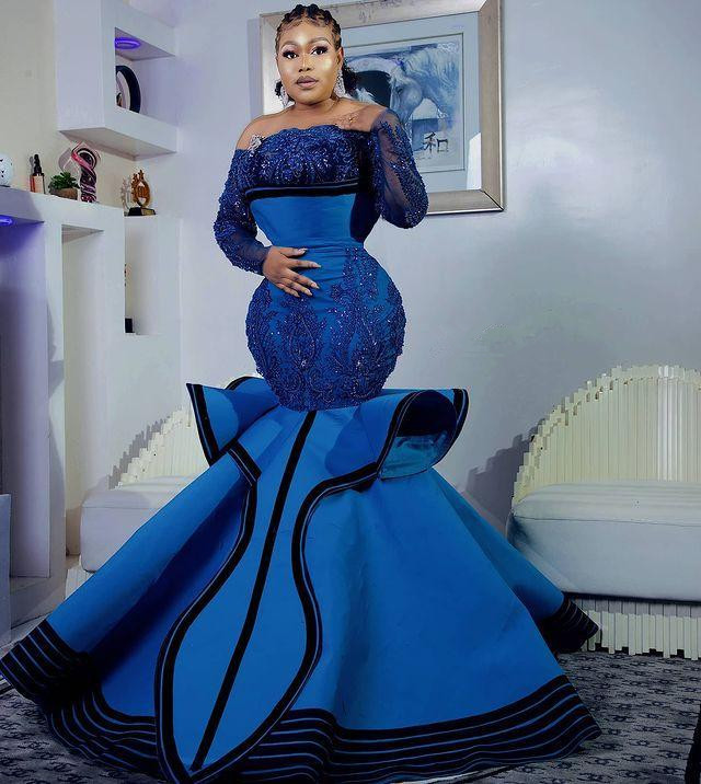 Plus Size Evening Dresses Arabic Blue Mermaid Stylish Fashion Prom Dress Lace Beaded Sequins Glitter Long Sleeves Formal Party Robe De Soiree