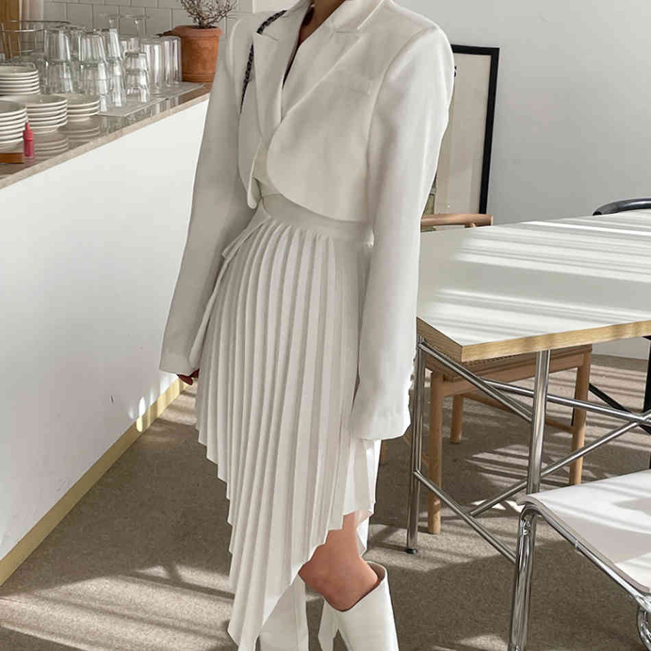 High Quality Women'S Suit Jacket Waist Irregular Pleated Skirt Two-Piece Fashionable White 210525