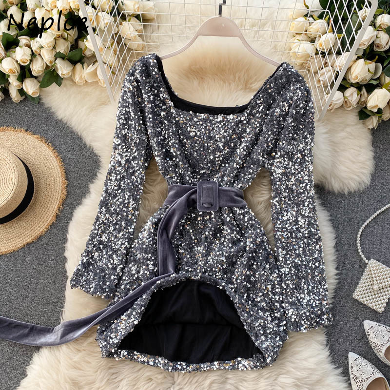 Neploe Square Collar Drawstring Slim Waist Elegant Vestidos Autumn New Vintage Sequined Dress Fashion Chic Dresses Women 210422