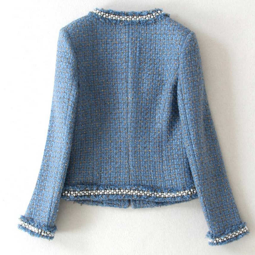 Blue Tweed Jacket Coat Autumn Women's Beading Long Sleeve Woolen Fringed Trim Tassels Pearl Pocket Runway Jacket T200831