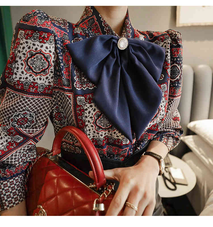 Spring Fashion Two Piece Set Women Bowknot Turn-down Collar Chiffon Printed Blouse + High Waist PU Mini Skirts Suits Female 210518