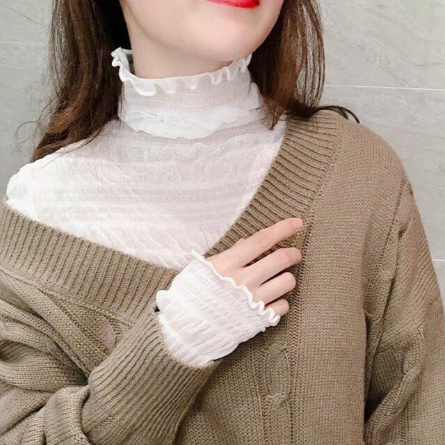 Women Chiffon Shirts Autumn Winter Half Turtleneck Long Sleeve Korean Pleated Bottoming Blouses Ladies Loose Thin Tops Plus Size 210522