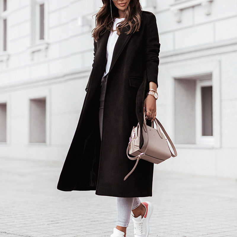 Winter Elegant Long Sleeve Coat for Women Light Tan Office Lady Overcoat Plus Size Windproof Wool Coat Fashion Windbreaker 210915