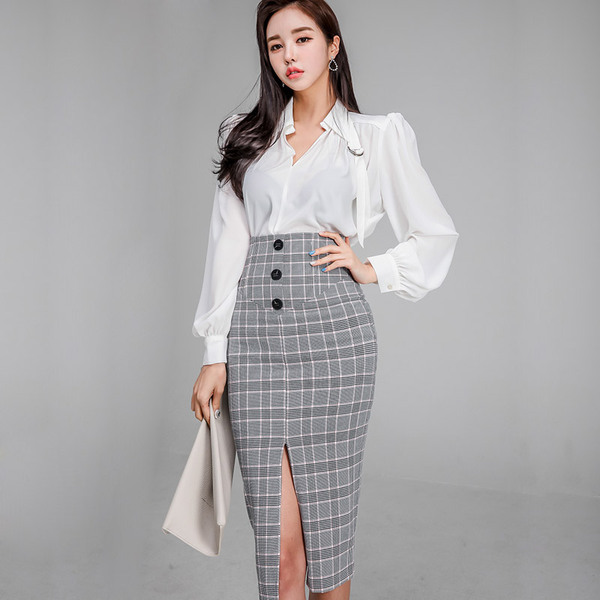 Women 2 Pieces Set Spring fashion White long Sleeve V-Neck chiffon Shirt Top+Bodycon plaid single-breasted pencil Skirt Set 210518