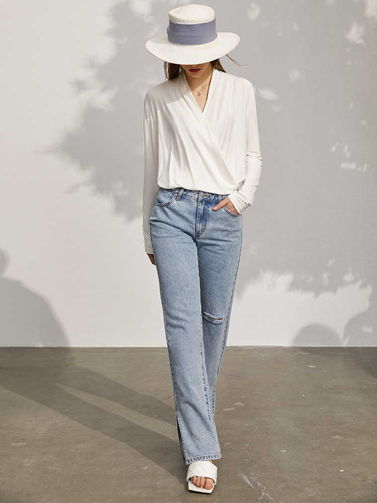 Minimalism Spring Women's Blouse Causal Solid Vneck Modal Loose Female Tshirt Offical Lady Shirt Tops 12140368 210527