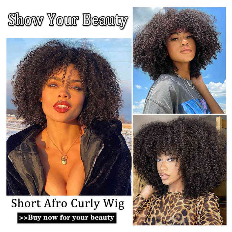 Hairpiece Nnzes Short Afro Kinky Curly Wigs Dark Brown Mixed Black Synthetic with Bangs for Women Blonde Red Grey Cosplay Hairs 0121