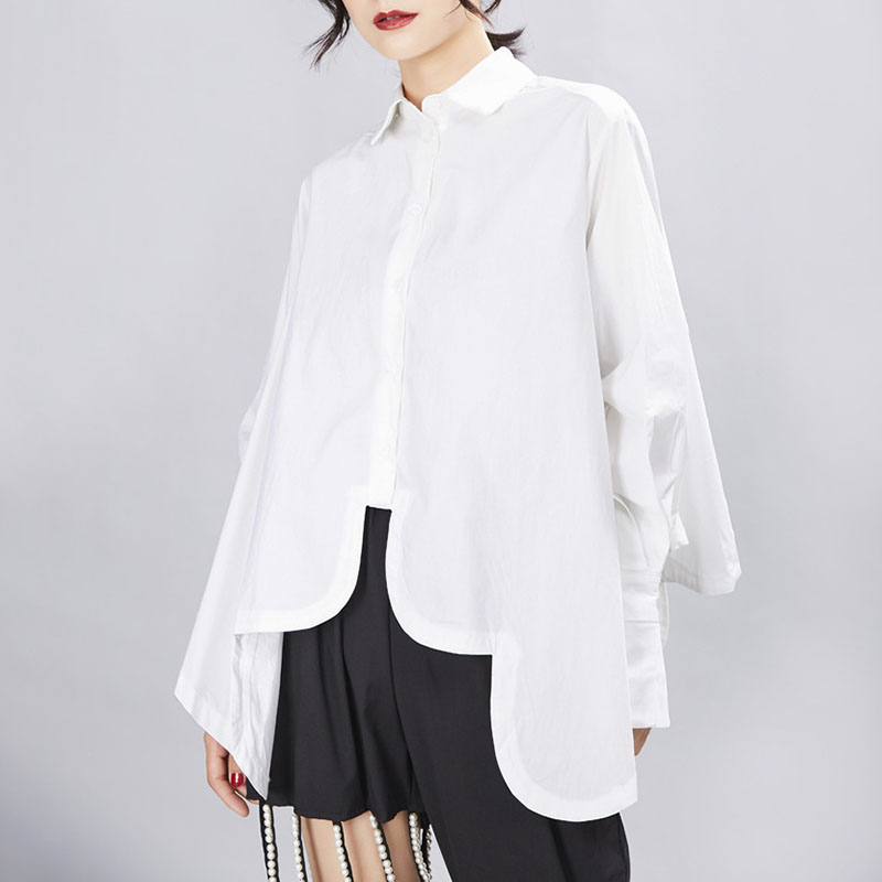 Women Pleated Big Size Irregular Blouse Lapel Long Sleeve Loose Fit Shirt Fashion Spring Autumn 210524