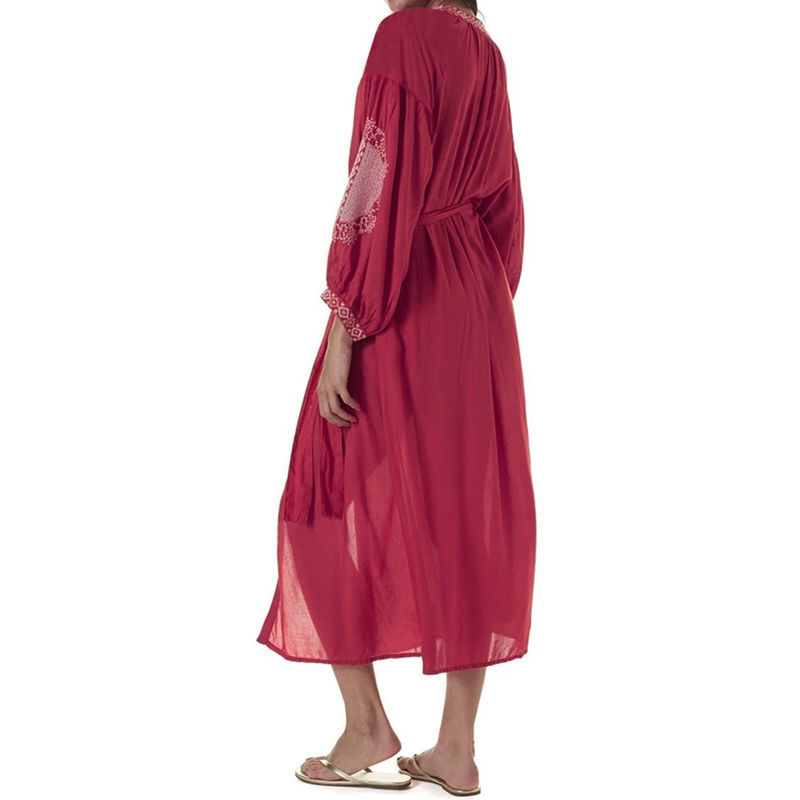 Red Bohemian Embroidered Front Open Summer Beach Dress Long Cotton Tunic Women Plus Size Beachwear Swimsuit Cover Up Q1010 210420
