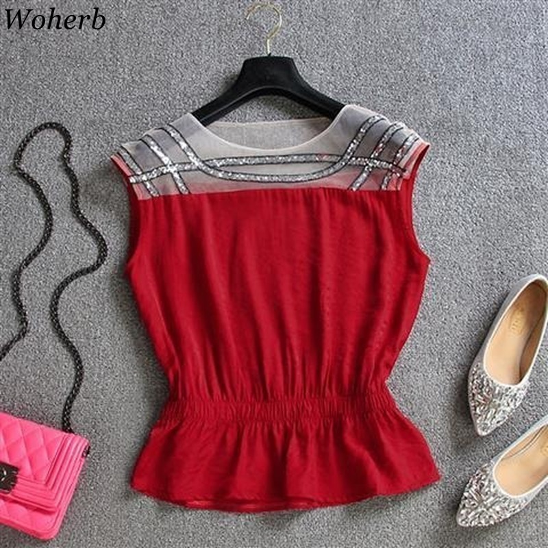 Summer Sequined Patchwork Chiffon Blouse Women Sleeveless Mesh See Through Top Slim Waist Casual Shirt Ruffle Blouses 210519
