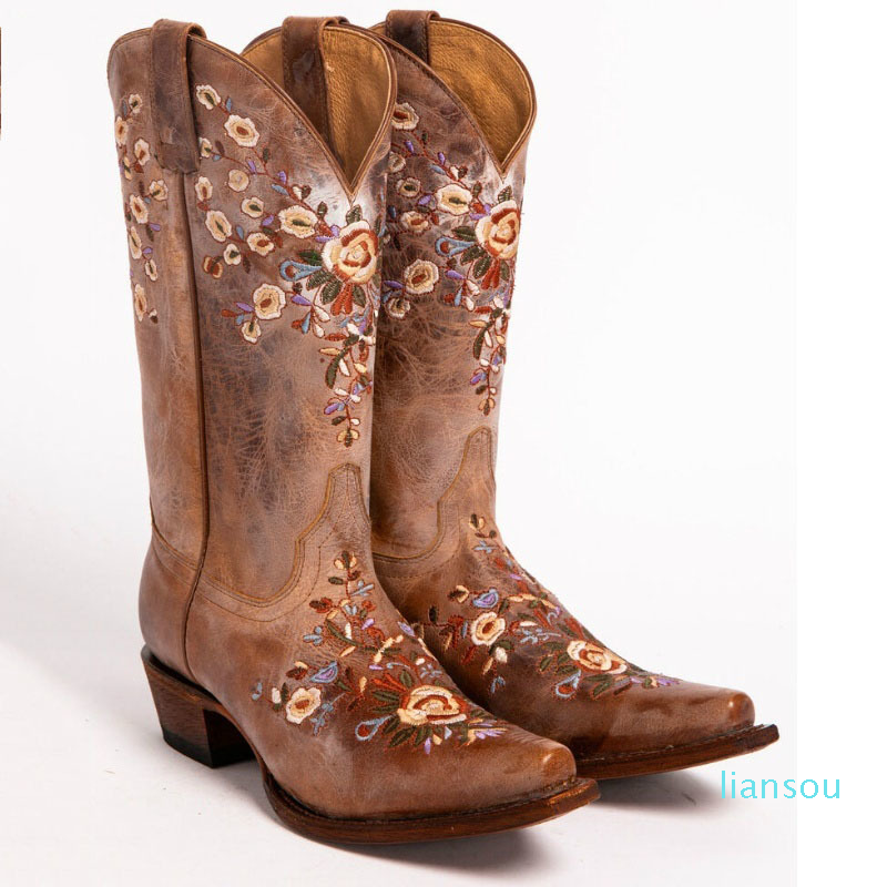 Fashion Floral Embroidered Cowgirl Knee High Leather Vintage Riding Shoes Boots Women