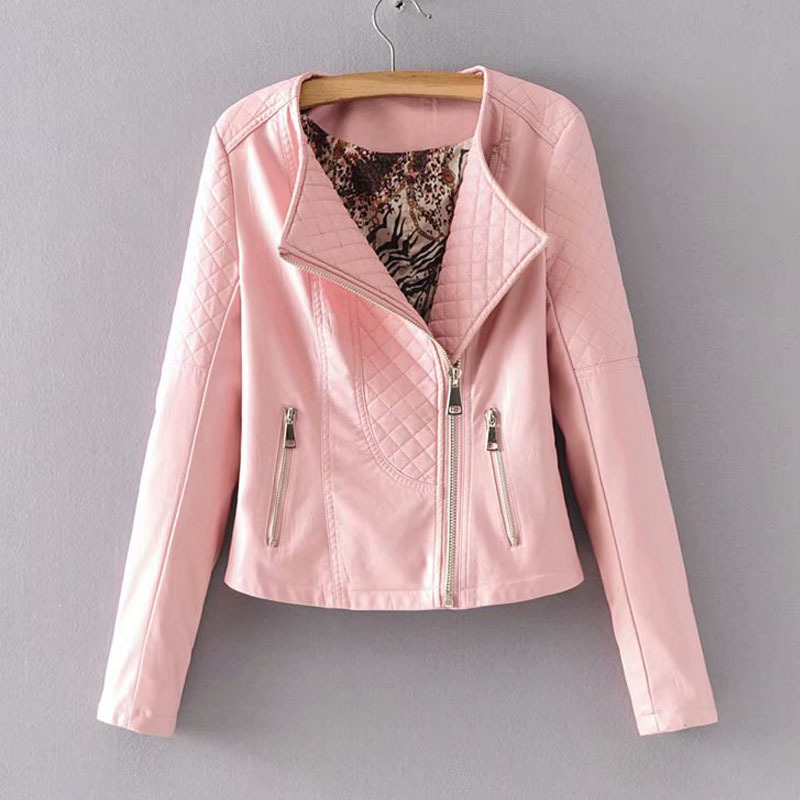 Dia Shape Slim PU Leather Motorcycle Jacket For Women - Trendy Pink, Black, And Wine Red