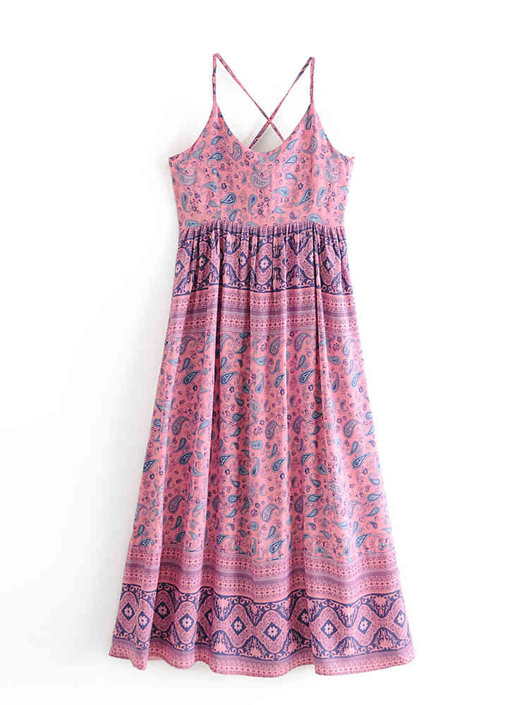 beauty Fashion Boho Vinatge Print Sling Midi Dress Women Holiday Chic Backless Summer Long Dresses Mujer Vestido 210514