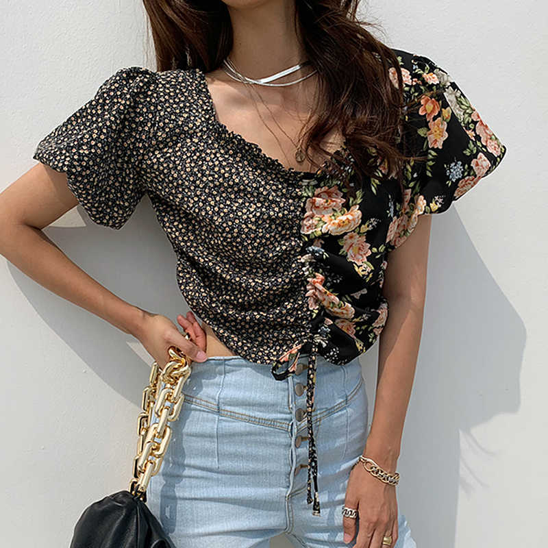 Korejpaa Women Shirt Summer Korean Retro Wood Ear Off-Shoulder Pleated Drawstring Stitching Floral Lantern Sleeve Blouses 210526