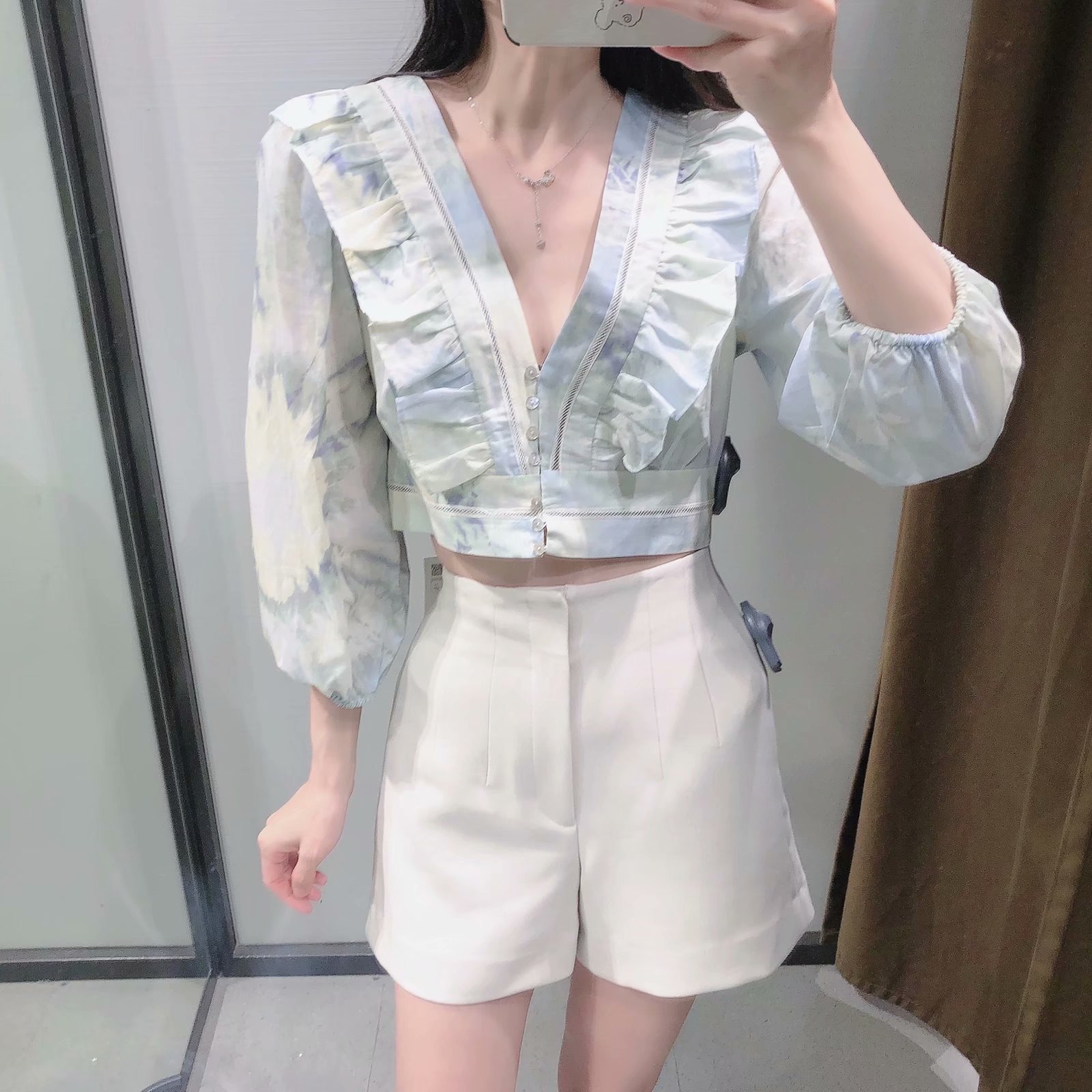 Spring Women Chiffon Tie Dye Tops Ruffled Long Sleeves Shirt Chic Lady Fashion Casual Clothes 210517
