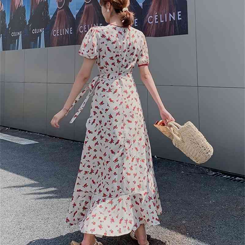 Summer Women Sweet Floral Print V-Neck Boho Long Chiffon Dress Ruffles Wrap Casual Slim Split Sexy Party Robe 210519