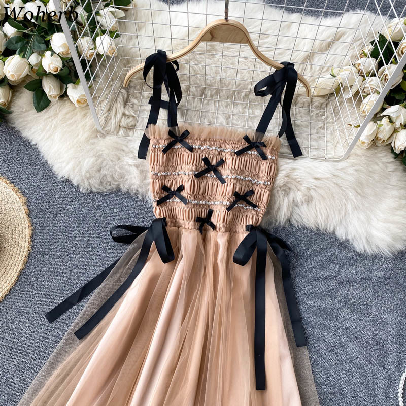 Sweet Dress Female Summer Strap Beading Lace-up Bow Slim Waist A-line Dresses Chic Elegant Ruffle Gauze Party 210519