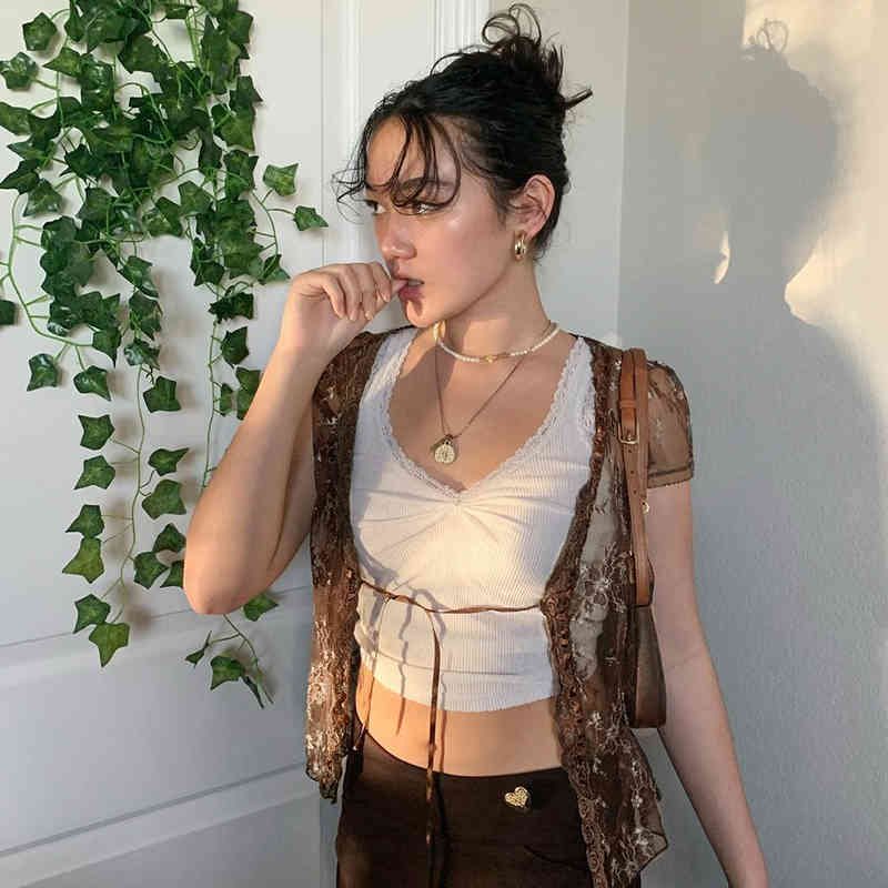 Rockmore Brown Mesh Transparent Tshirt Women Lace Up Cardigan Tops Y2K Short Sleeve Tees Shirts Streetwear Summer Sexy T-shirt 210406