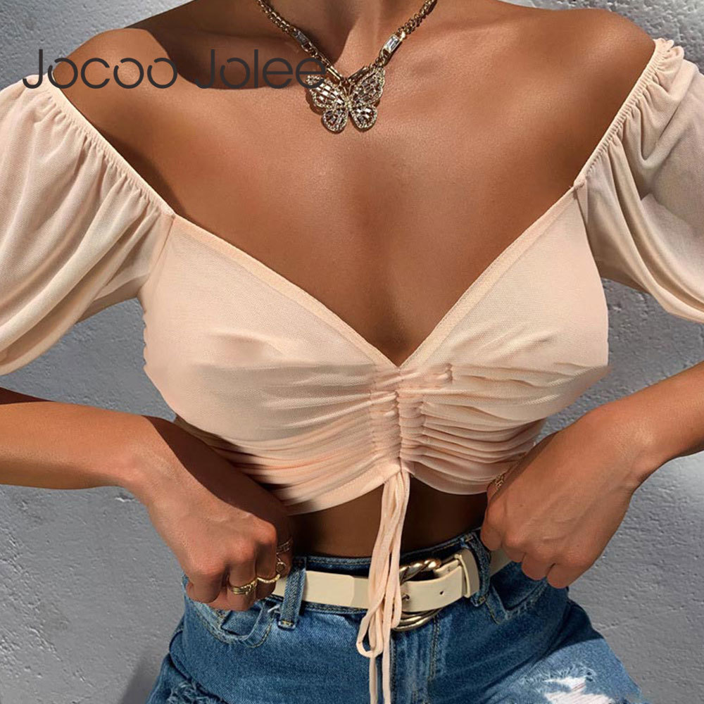 Jocoo Jolee Women Elegant Mesh Lantern Sleeve Cropped Tops Sexy Drawstring V Neck Chiffon Blouses Casual Solid Short Shirts 210518, Black
Jocoo Jolee Women Elegant Mesh Lantern Sleeve Cropped Tops Sexy Drawstring V Neck Chiffon Blouses Casual Solid Short Shirts 210518, Black