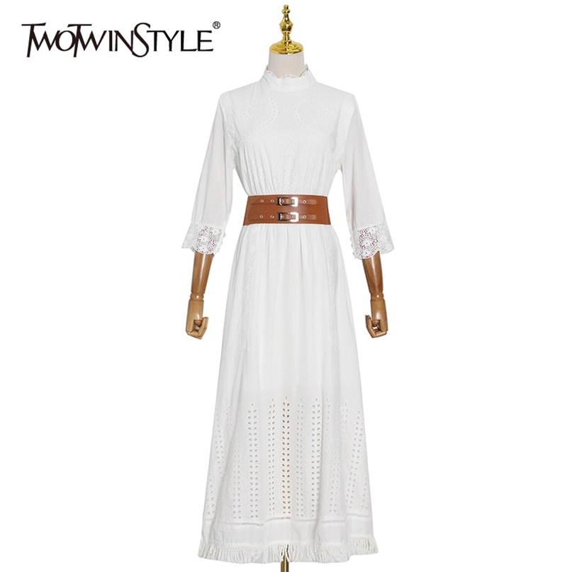 Temperament Patchwork Lace Tassel Dress For Women Stand Collar High Waist Sashes Hollow Out Vintage Dresses Female 210520