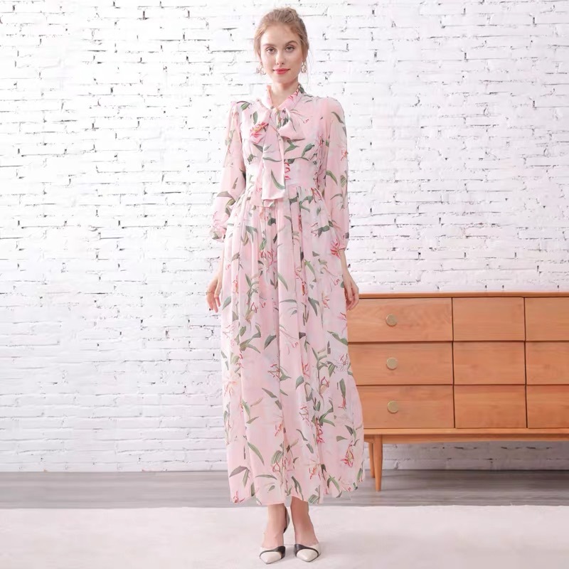 Fashion Runway Long Sleeve Dress Women's Bow Tie Chiffon Lily Flower Print Casual Holiday Elegant Maxi Beach 210421