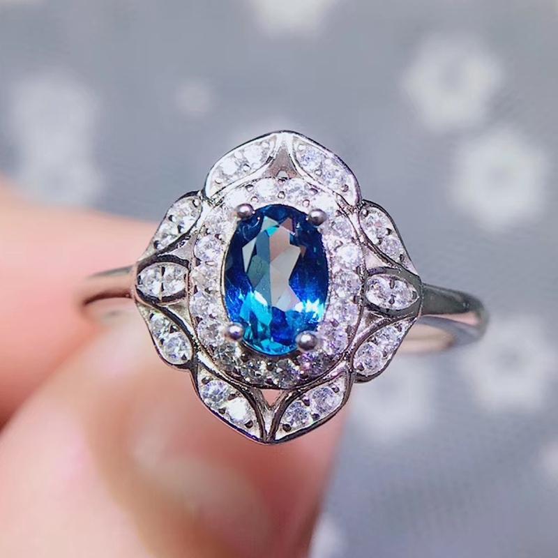 Cluster Rings Per Jewelry Natural Blue Topaz Leaves Style Ring 1.1ct Gemstone 925 Sterling Silver Fine Q2042710, Golden;silver