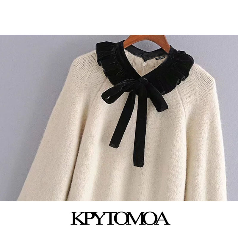 Women Sweet Fashion Patchwork Ruffle Knitted Sweater Bow Tied Lantern Sleeve Female Pullovers Chic Tops 210420