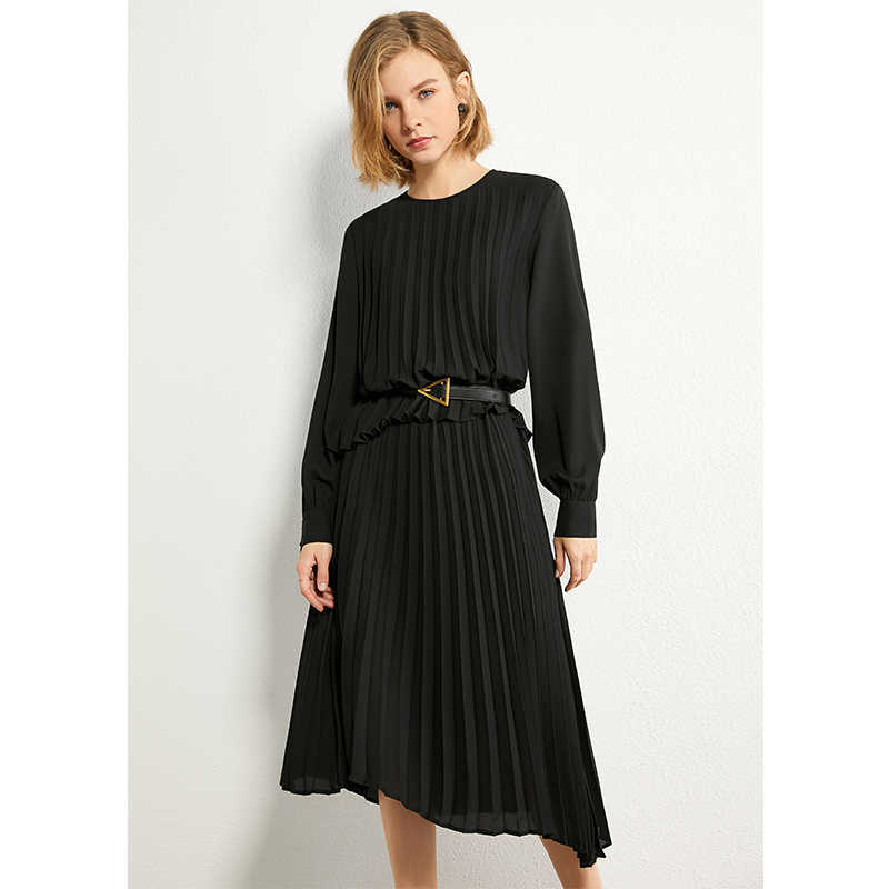 Minimalism Autumn Women's Dress Fashion Pleated Solid Oneck Loose Aline Knee-length Causal For Women 12030366 210527