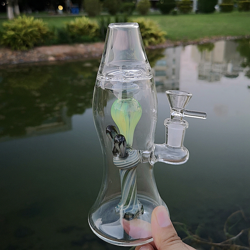 Wholesale Hookahs Unique Lava Lamp Glass Bongs Internal Recycler Dab Rig Showerhead Percolator Bongs Green Bong 14mm Joint Bowl